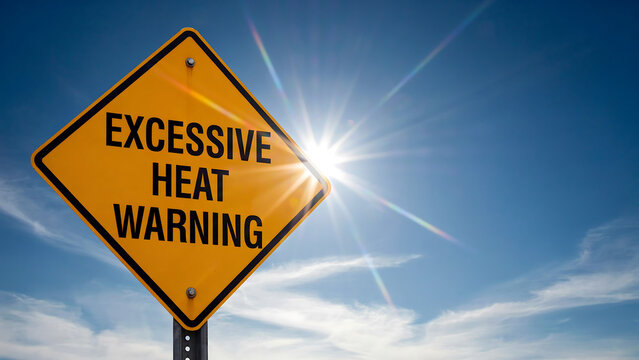 Bright yellow diamond shaped warning sign reads excessive heat warning against clear blue sky with intense sun.