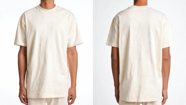 Man wearing plain off white t-shirt front and back view for apparel mockup and product display