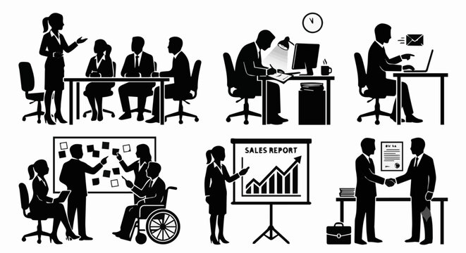 Corporate Business Presentation and Office Meeting Silhouette Set, Sales Report Teamwork and Executive Vector Icons