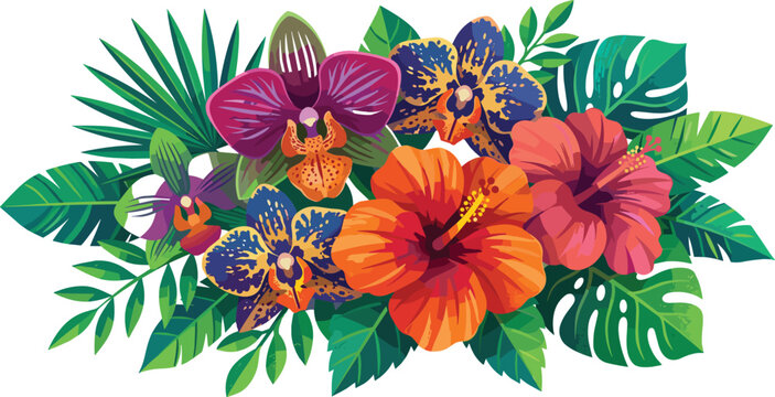 Vibrant Tropical Floral Arrangement Vector Illustration Featuring Colorful Hibiscus Blooms and Exotic Orchid Flowers with Jungle Palm Leaves for Summer Graphic Designs