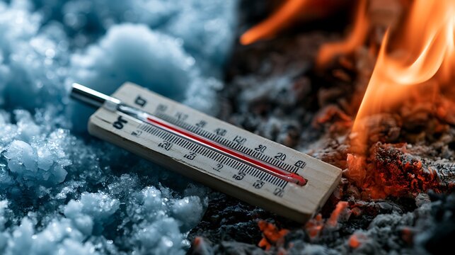 A thermometer lies on melting ice next to a flame, contrasting hot and cold temperatures.