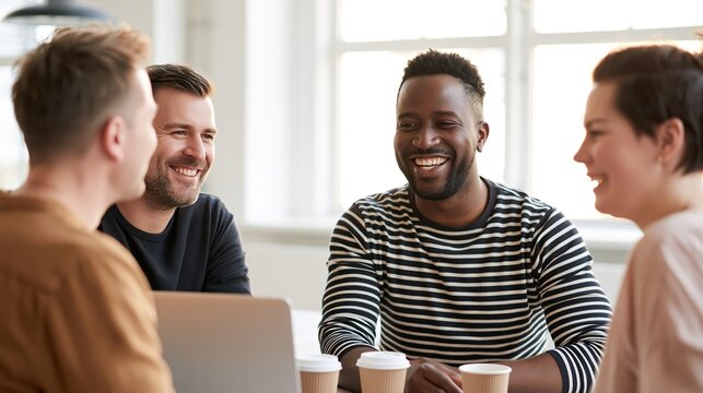 Diverse multiracial group of young colleagues gather around a laptop to discuss work projects and share creative ideas with takeaway coffee in a bright modern office