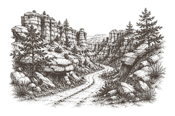 Vintage engraved desert canyon vector illustration with winding road between towering rock formations in detailed hand drawn etching style for travel themes © Chairul
