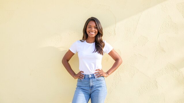 confident young diverse woman smiling outdoors against pastel yellow wall natural daylight portrait for lifestyle marketing