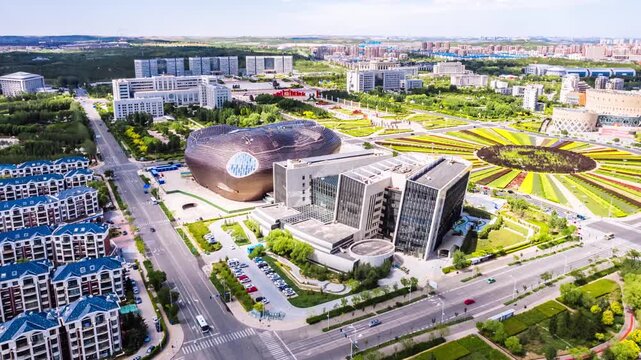 Aerial timelapse of the skyline in Kangbashi New District, Ordos, Inner Mongolia, China