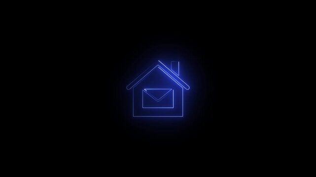 Home button icon animation by neon on black background. Neon home button icon animation, shiny symbol. glowing House, home building animation