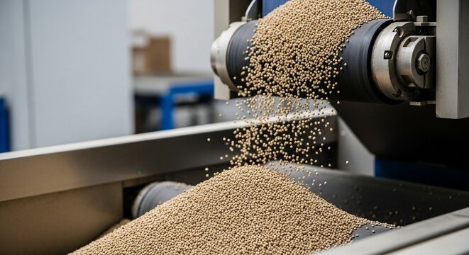 Industrial plastic pellets pouring from conveyor belt system for manufacturing processes