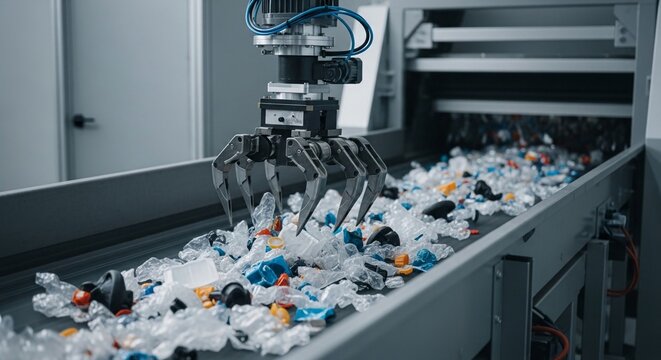 Industrial robotic arm sorting plastic waste on a conveyor belt in a recycling facility.