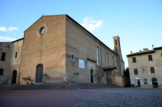 San Gimignano, Italy 03.04.2020: Church of Sant'Agostino in San Gimignano exterior