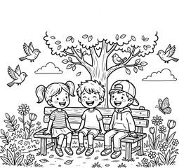 Fototapeta premium Three children sitting on a park bench with tree and flowers