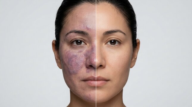 Split face portrait of a woman showing skin before and after treatment for hyperpigmentation and dermatological issues
