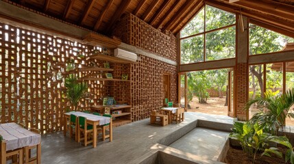 Fototapeta premium Modern interior architecture with brick walls and natural lighting