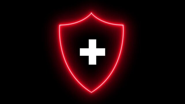 Shield with cross icon animation. Medical shield with a plus sign icon, red shield with a central plus sign