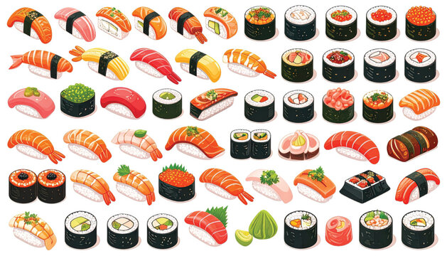 Variety of sushi and maki rolls.