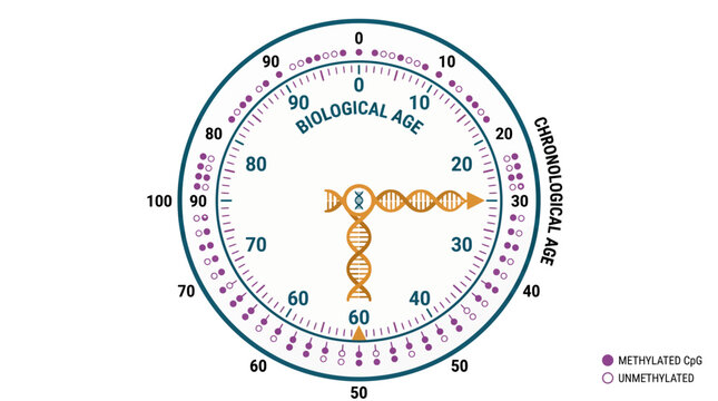 Epigenetic Clock Infographic Illustrating Biological vs Chronological Age Discrepancy