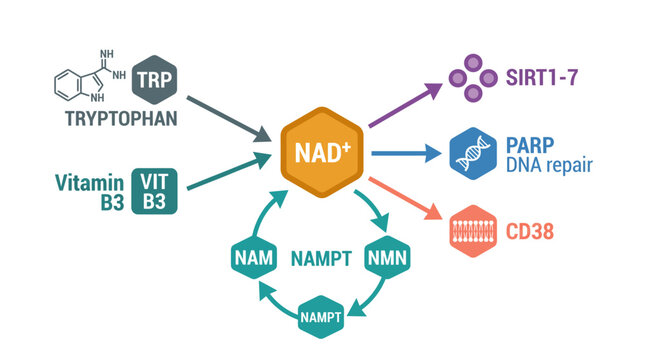 NAD+ Biosynthesis and Metabolic Pathway Diagram Illustrating Cellular Energy and Repair