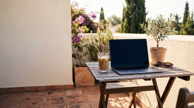 Laptop on a wooden patio table with iced coffee outdoors