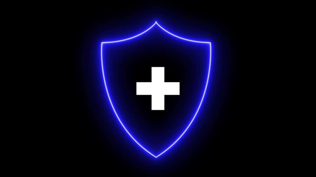 Shield with cross icon animation. Medical shield with a plus sign icon, red shield with a central plus sign