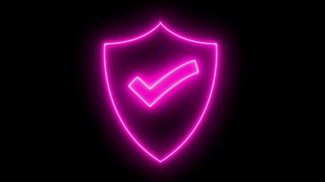 Neon sign Safe Security Guard Icon Animation. Shield and white check mark icon animation,  shield icon with a check mark inside symbolizing security and approval. technology and safety concept. 4k