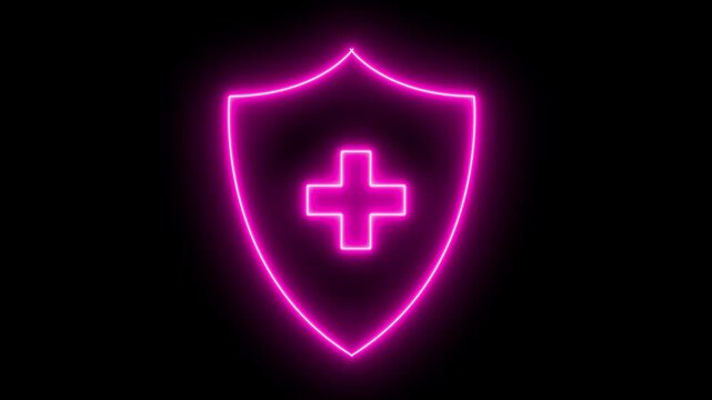 Glowing neon line shield with plus icon animation representing healthcare protection. Medical healthcare and emergency aid neon icon set.
