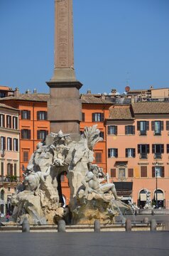 Rome, Italy 09.09.2020: FOUNTAIN OF THE FOUR RIVERS (1648), GIAN LORENZO BERNINI (1598-1680), PIAZZA NAVONA