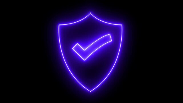 Neon sign Safe Security Guard Icon Animation. Shield and white check mark icon animation,  shield icon with a check mark inside symbolizing security and approval. technology and safety concept. 4k