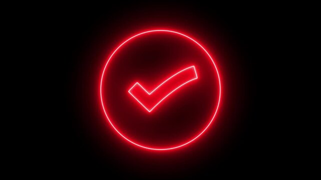 Neon sign Animated white check mark icon in green circle. Isolated on a black background.
