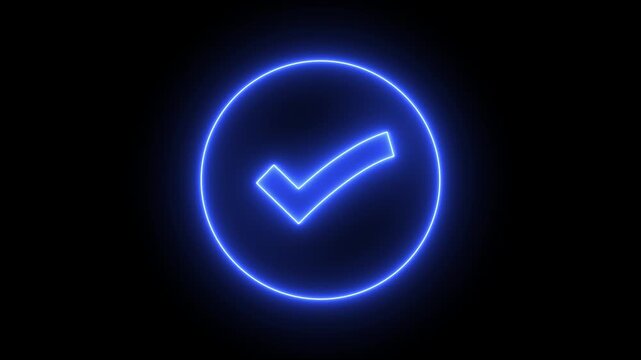 Neon sign Animated white check mark icon in green circle. Isolated on a black background.