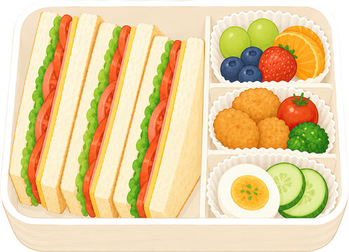 Sandwich bento lunchbox with fruit cute watercolor illustration isolated