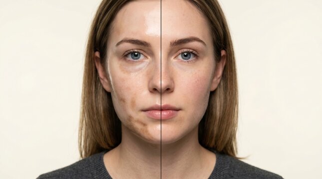 Split screen portrait of a woman showing skin comparison between hyperpigmentation with dark spots and clear smooth complexion