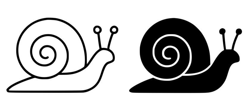 Minimalist animal icon, snail illustration in outline and silhouette design