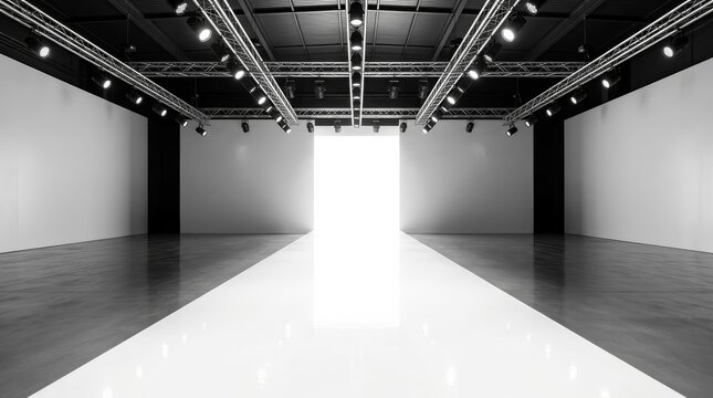 Empty catwalk of a fashion show in a high-end studio environment.