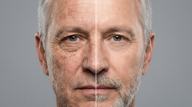 Split face comparison of an older man showing aged skin with wrinkles and age spots versus smooth rejuvenated skin