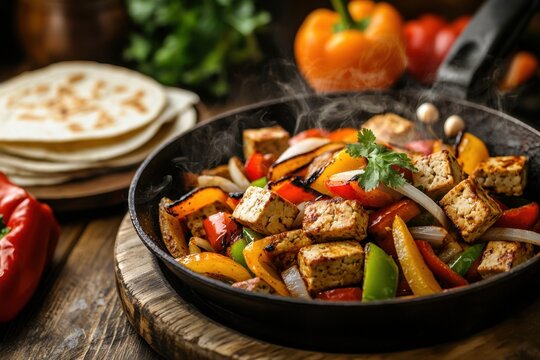 Sizzling tofu fajita in skillet with bell pepper and onion, colorful vegan meal on wooden table