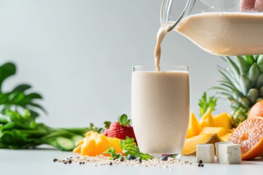 Tofu smoothie pouring into glass with fresh fruit and green garnish on light background