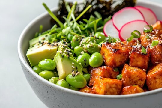 Tofu poke bowl with avocado, edamame, radish, and sesame seeds in ceramic bowl on light background, fresh healthy meal for lunch