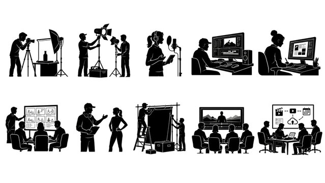 Video Production and Creative Media Silhouette Set with Photography, Filming, Podcast Recording and Post-Production Editing