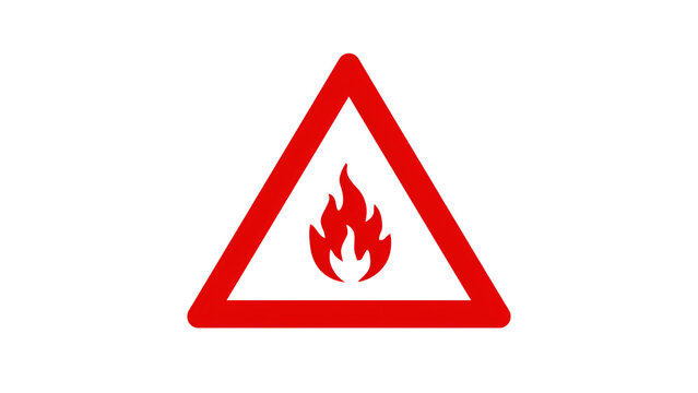 Red triangular fire hazard warning sign symbol with triangle, emergency