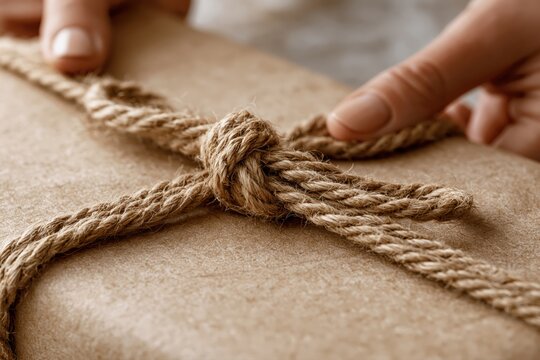 Close-up of hands tying a rustic jute twine knot around a brown paper package for gifting.