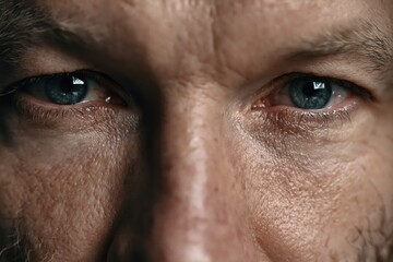 Naklejka premium Extreme close-up of a man's blue eyes, showing detailed skin texture and wrinkles, conveying emotion and introspection.