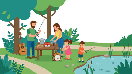 Naklejka premium A happy family spends quality time outdoors, fishing and preparing for music by a peaceful pond in a lush green park surrounded by nature.