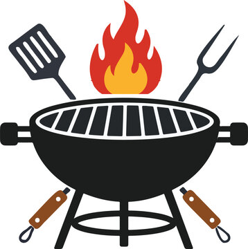 BBQ Grill Illustration with Fire Spatula and Barbecue Fork Flat Cooking Design