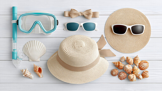 Summer Beach Accessories Flat Lay with Snorkel Mask and Sun Hats