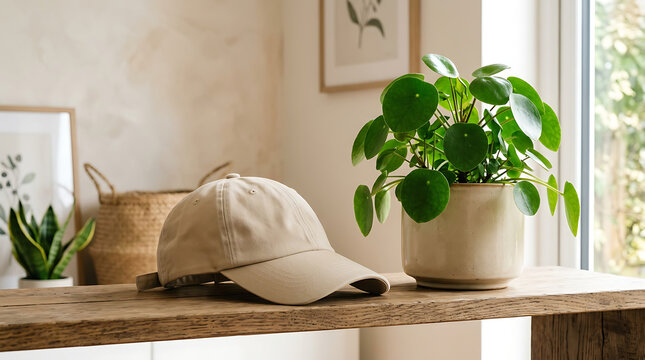 A beige baseball cap resting on a wooden surface next to a potted plant.