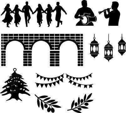 Traditional Lebanese celebration culture vector silhouette icons set