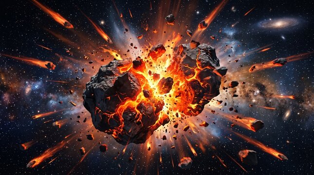 Explosive Asteroid Collision in Deep Space, Fiery Cosmic Explosion, Dramatic Universe Impact, Stunning Sci Fi Galaxy Artwork Scene, 32K Revolution