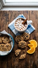 Fototapeta premium Cozy Winter Comfort Hot Chocolate with Marshmallows and Oatmeal Cookies on a Rustic Wooden Table.