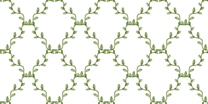 Watercolor Green Liana Vine Seamless Pattern on Transparent Background for Elegant Trellis Designs
