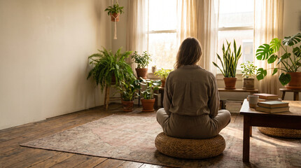 Fototapeta premium Woman meditating cross-legged on a floor cushion in a calm sunlit living room with plants