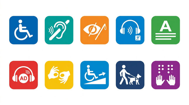 Collection of colorful accessibility icons representing various disabilities and assistance services, displayed on a white background with a modern design
